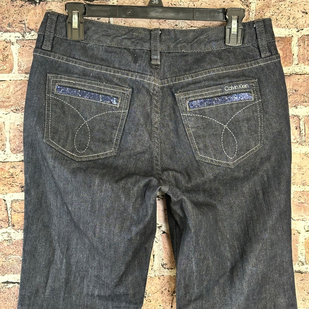 Calvin Klein Women's Dark Wash Bootcut Jeans Blue Sequin Pockets‎ 10 Petite NWOT